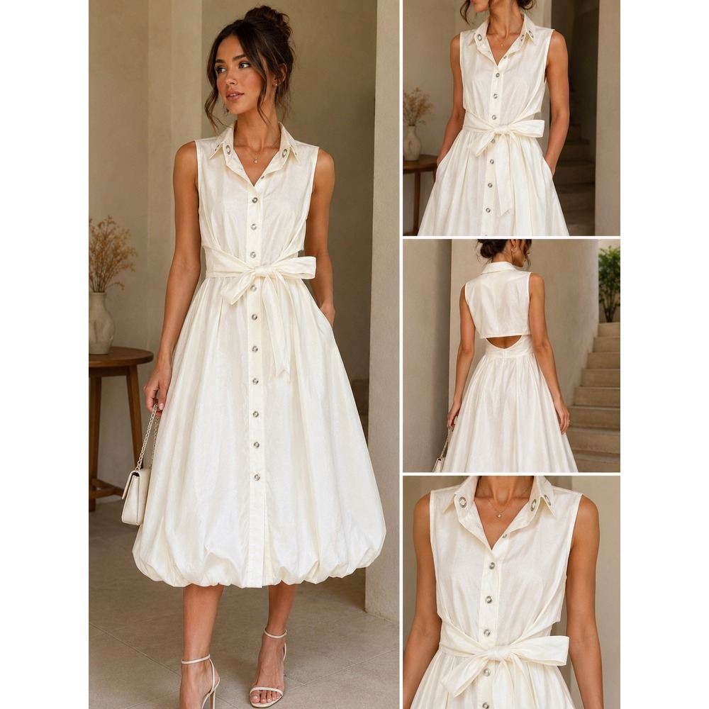 Frank Lyman Bubble Hem Midi Dress Womens 10 Ivory Good Grommet Cutout 16429